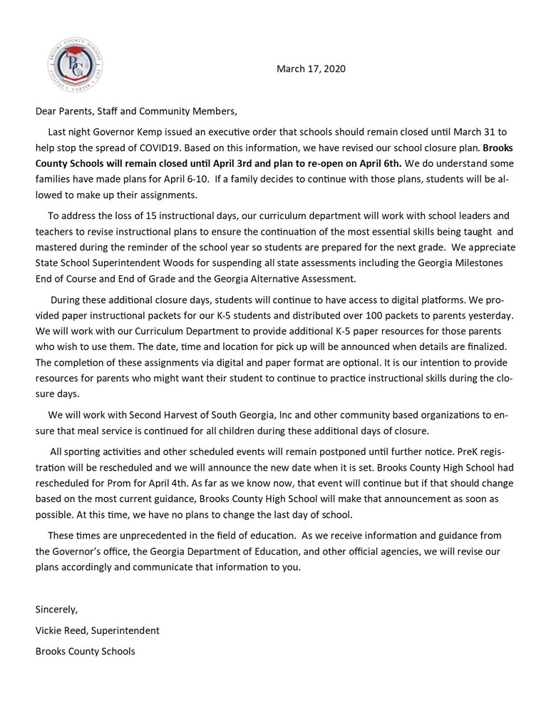 Updated School Closure Letter