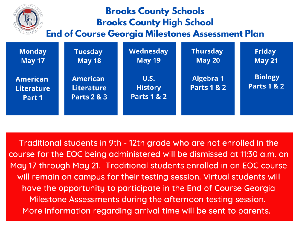 BCHS Spring Testing Schedule Brooks County High School