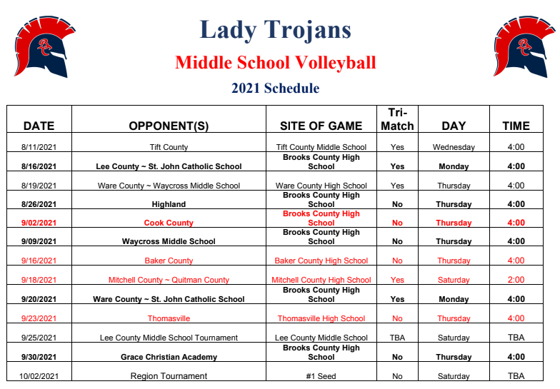 BCMS Lady Trojans 21-22 Volleyball Schedule