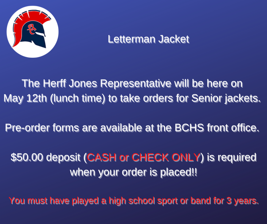 BCHS Lettermen Jackets 5/3/21